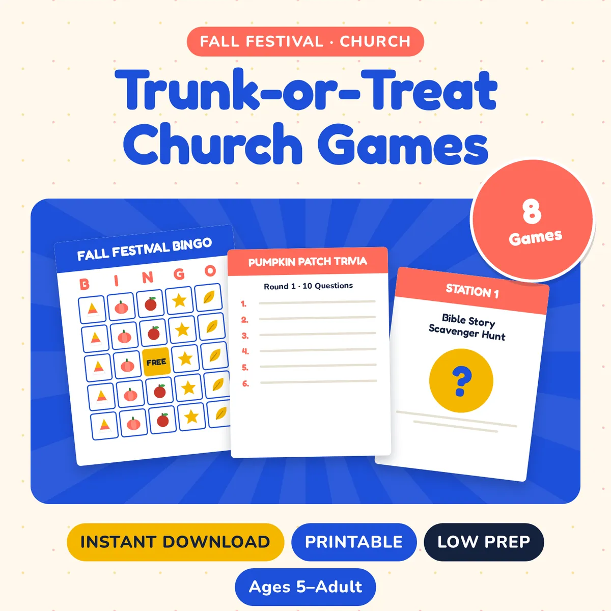 Trunk-or-Treat Church Games: bingo cards, trivia sheet and scavenger hunt sign